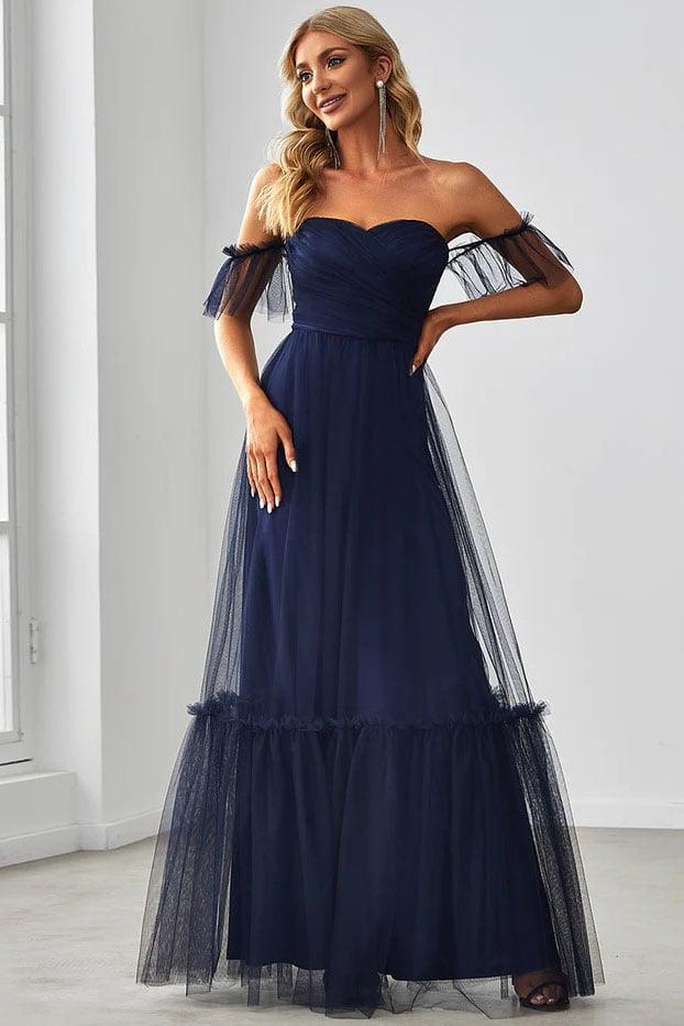 A-Line Floor Length Tulle Bridesmaid Dress CB0670 - COCOMELODY