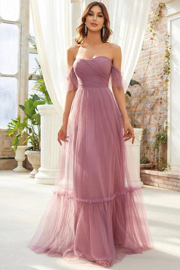 A-Line Floor Length Tulle Bridesmaid Dress CB0670 - COCOMELODY
