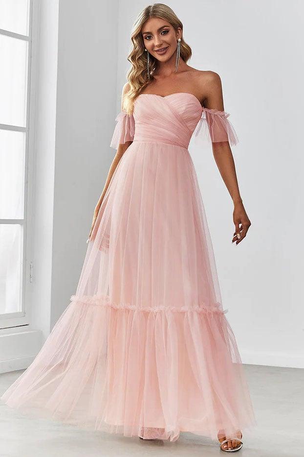 A-Line Floor Length Tulle Bridesmaid Dress CB0670 - COCOMELODY