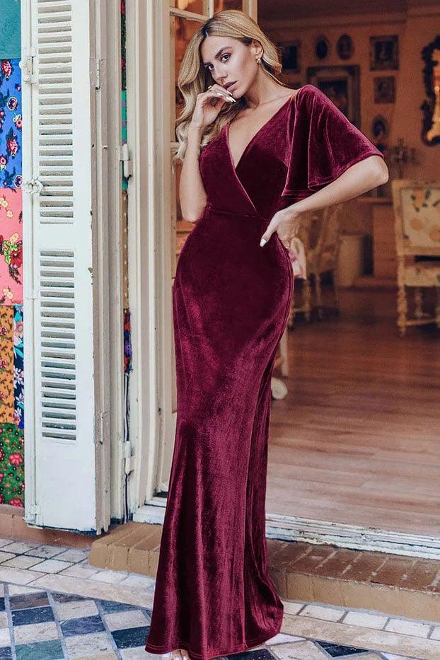 A-Line Floor Length Velvet Bridesmaid Dress CB0676 - COCOMELODY