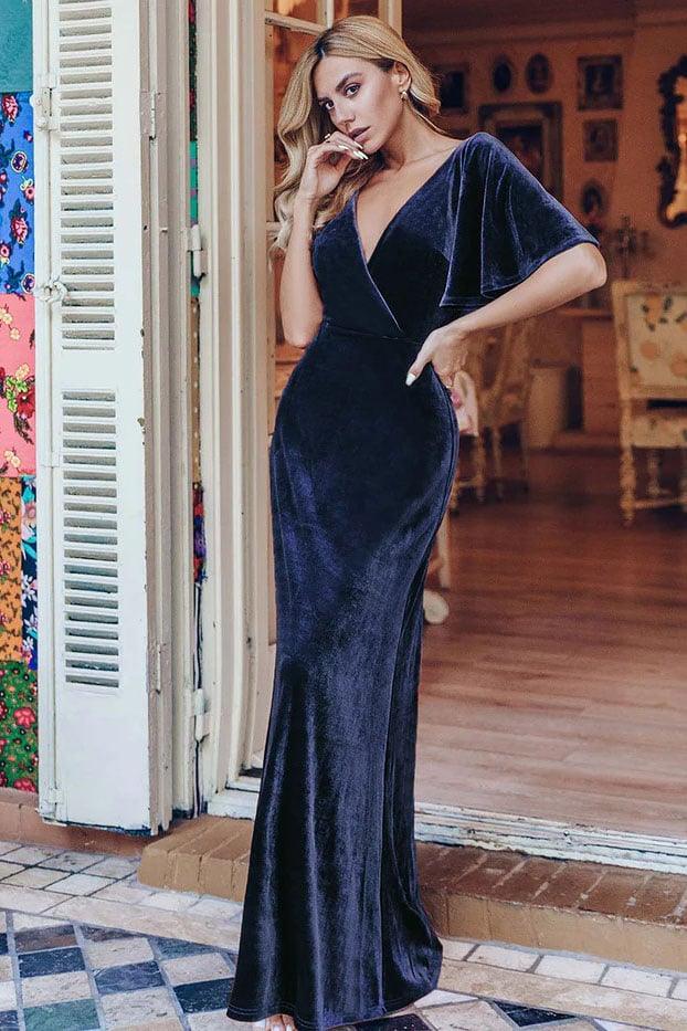 A-Line Floor Length Velvet Bridesmaid Dress CB0676 - COCOMELODY