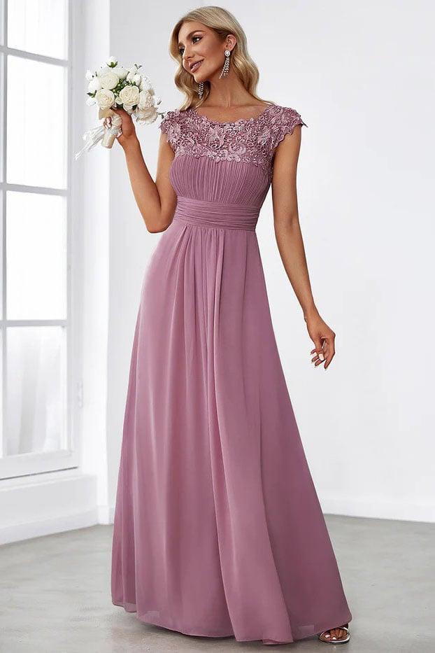 A-Line Floor Length Chiffon Lace Bridesmaid Dress CB0683 - COCOMELODY