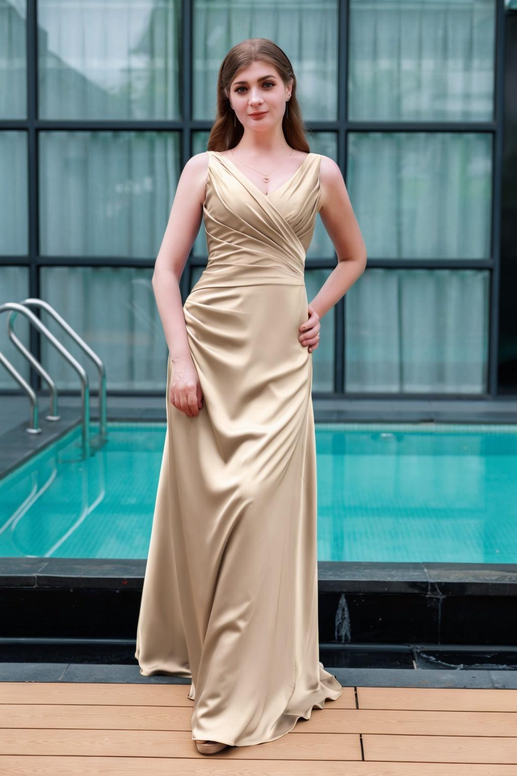 Sheath-Column Floor Length Luxe Satin Bridesmaid Dress CB0713 - COCOMELODY