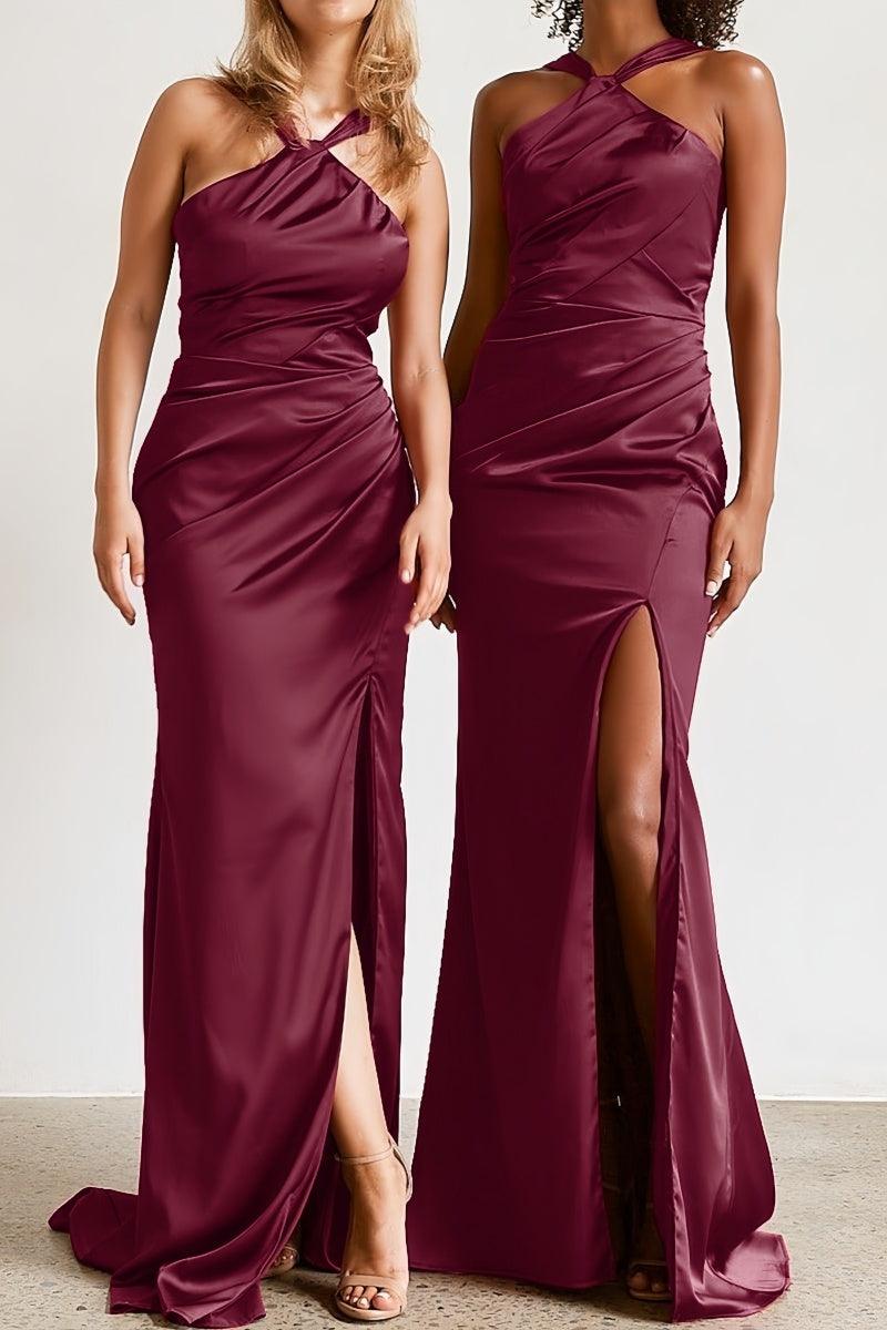 Halter Neck Sheath Bridesmaid Dress with Sweep Train CB0797 - COCOMELODY