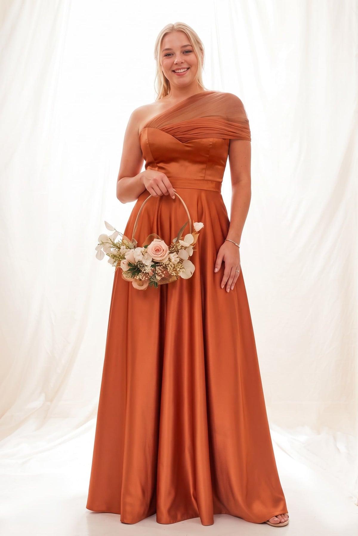 One-Shoulder Satin A-Line Bridesmaid Dress in Copper CB0802 - Orange - COCOMELODY