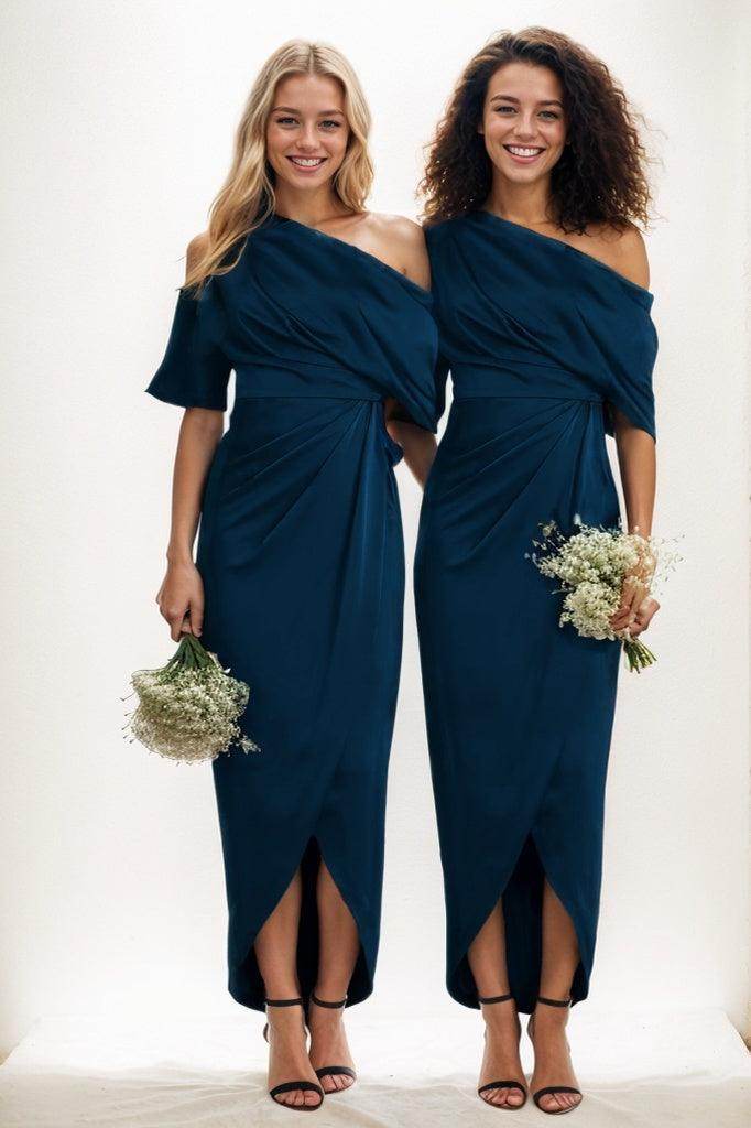 Satin Sheath Bridesmaid Dress with Ruffles Ankle Length COCOMELODY CB0805, Watermelon