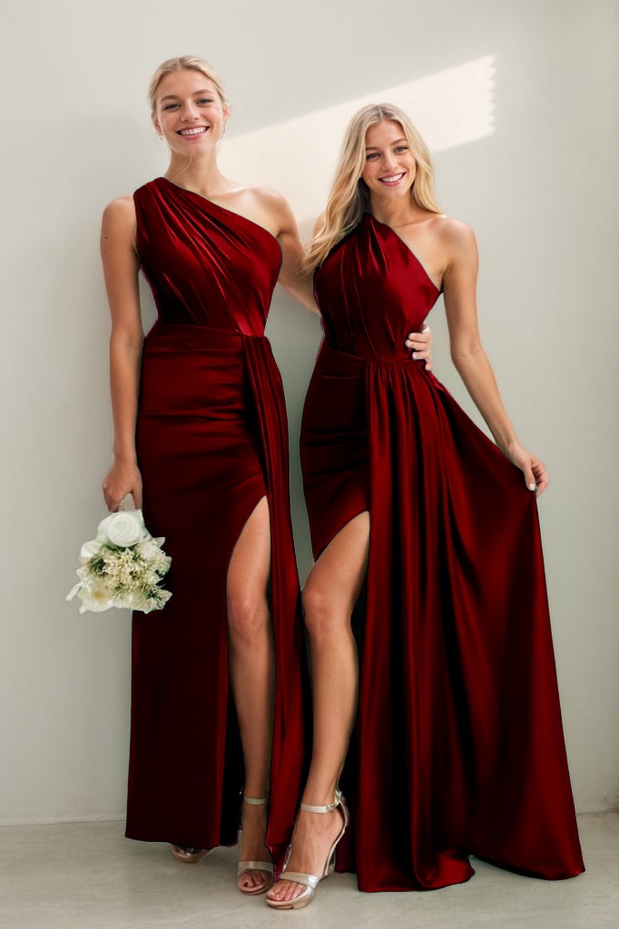 One Shoulder Satin Sheath Bridesmaid Dress with Split CB0808