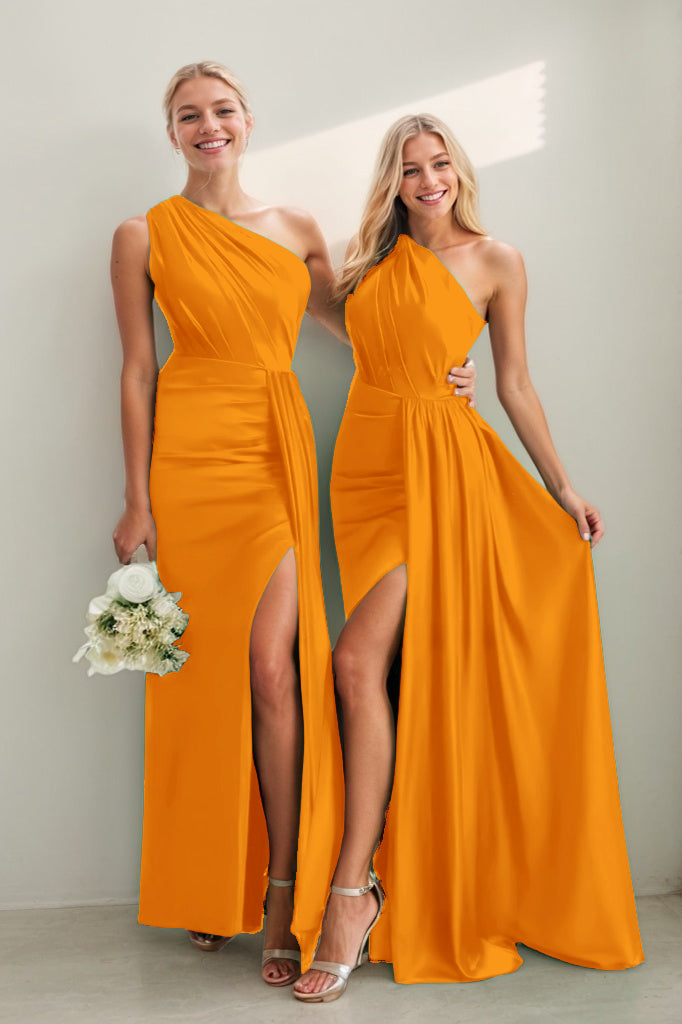 One Shoulder Satin Sheath Bridesmaid Dress with Split CB0808
