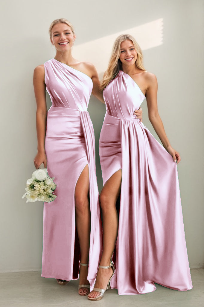 One Shoulder Satin Sheath Bridesmaid Dress with Split CB0808