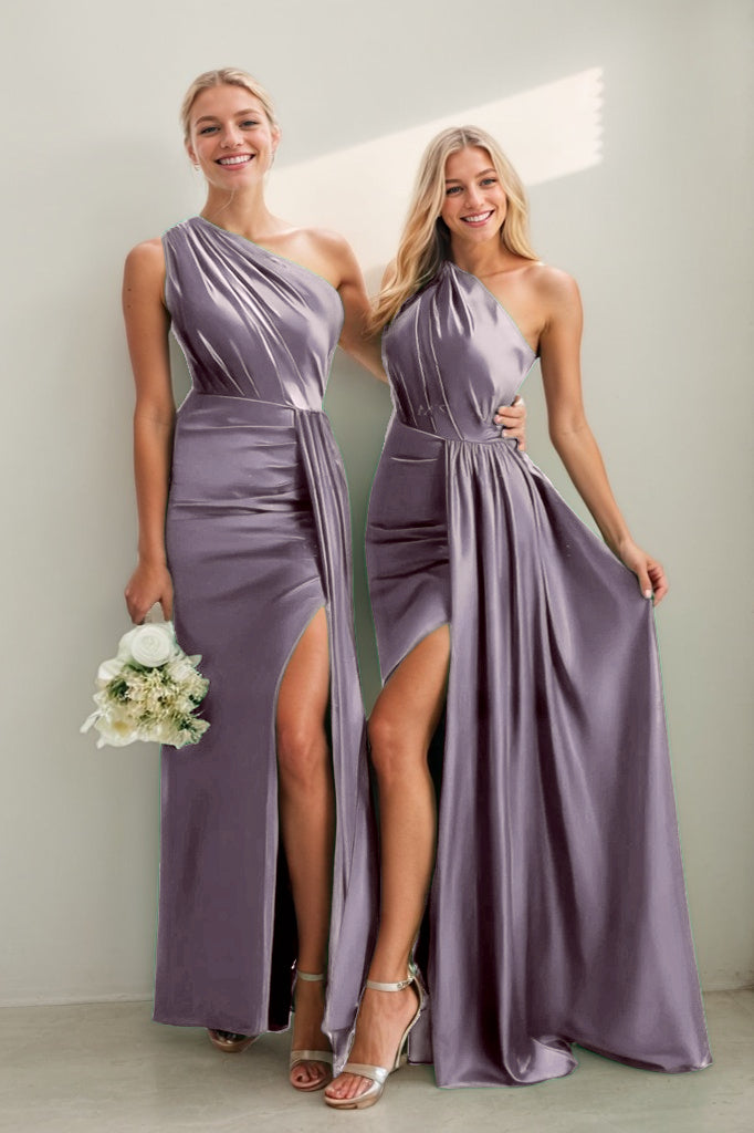 One Shoulder Satin Sheath Bridesmaid Dress with Split CB0808