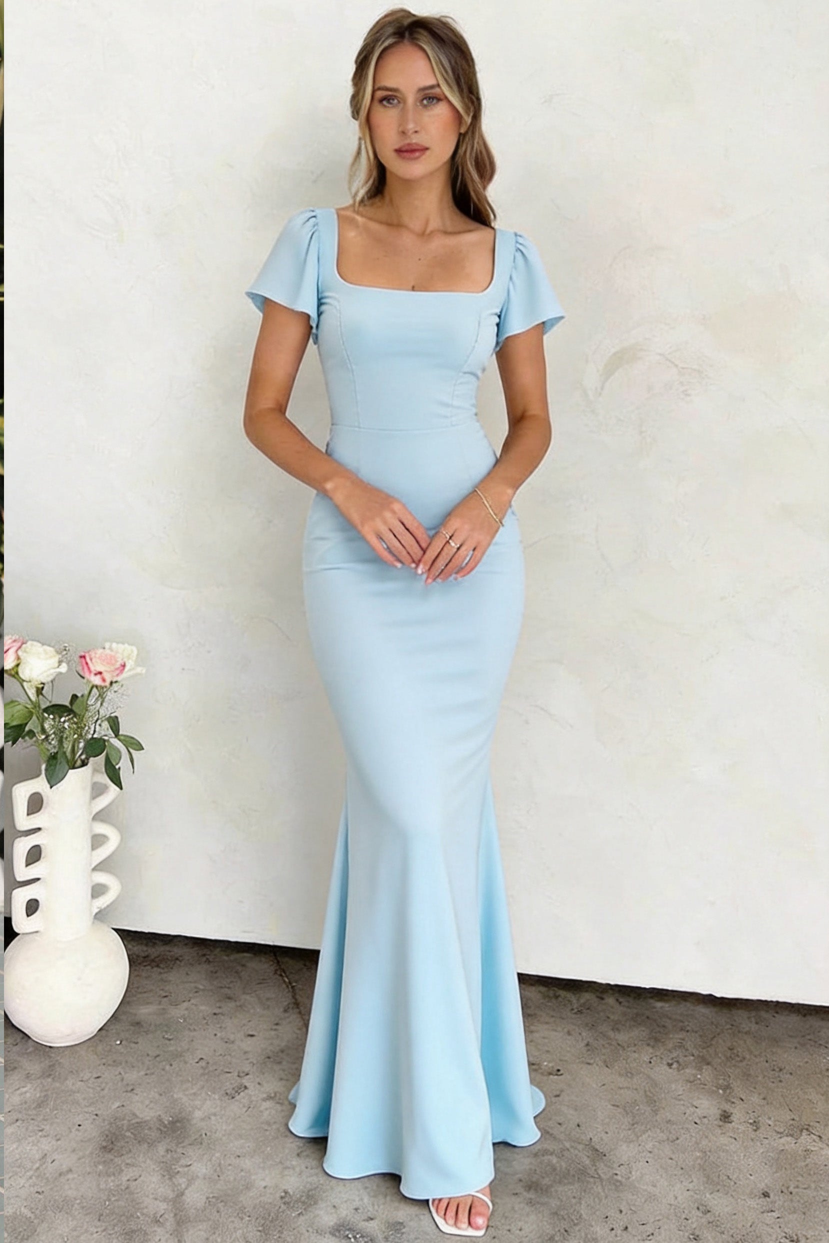 bridesmaid dress with puff sleeves A-Line Square Neckline Puff Sleeves Satin Burgundy Prom Dress, Tea Length  Bridesmaid Dress main image 0