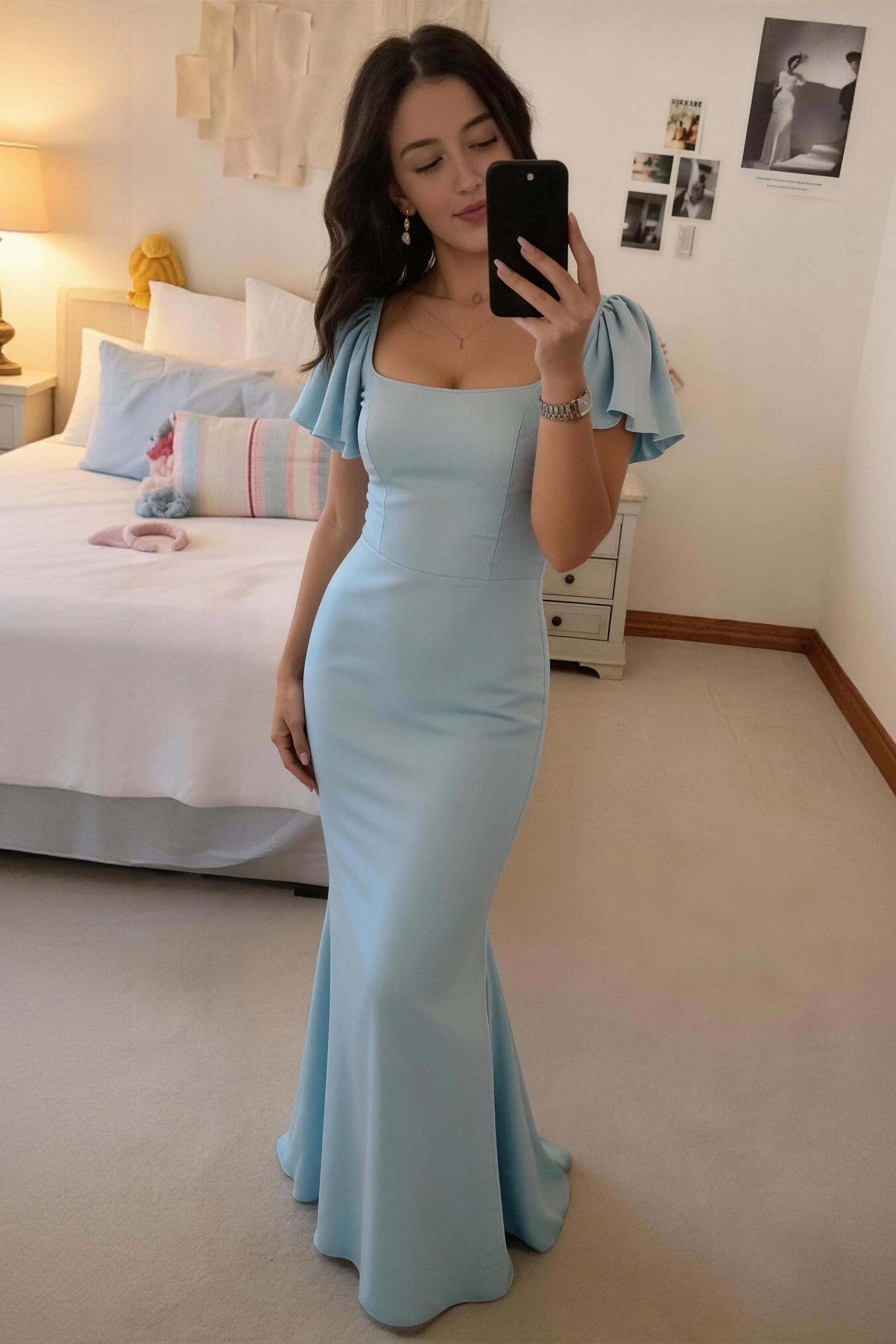 Sheath-Column Maxi Chiffon Bridesmaid Dresses Square Neck Wedding Guest Dress COCOMELODY CB0813 Sheath-Column Maxi Chiffon Bridesmaid Dresses Square Neck Wedding Guest Dress COCOMELODY CB0813