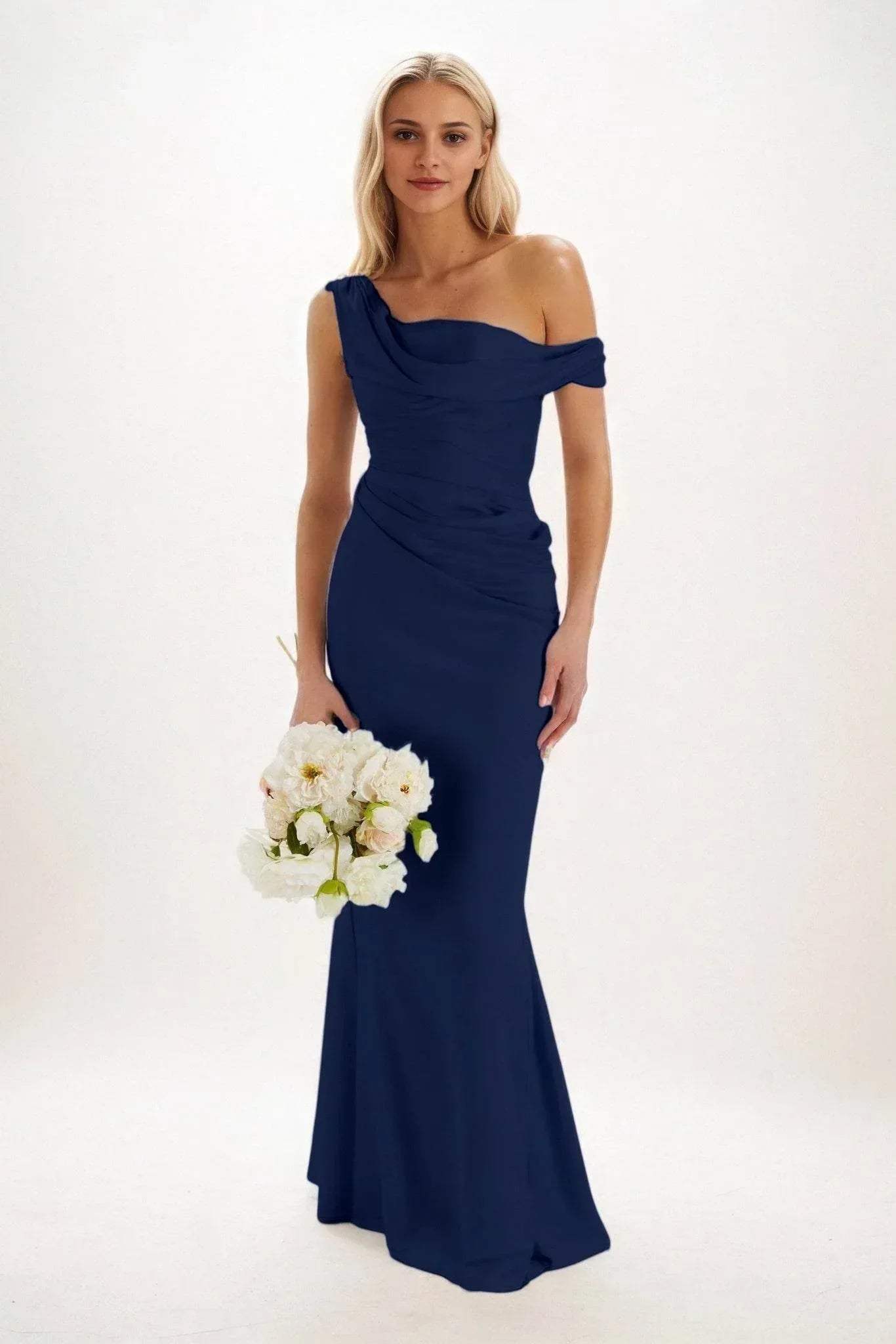 Ruched Off The Shoulder Satin Gown