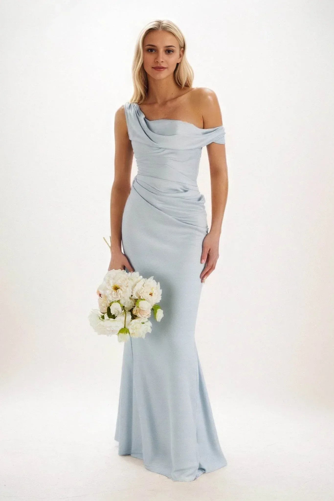 Sheath Maxi Luxe Satin Bridesmaid Dresses Off the Shoulder Wedding Guest Dresses COCOMELODY CB0815, Espresso