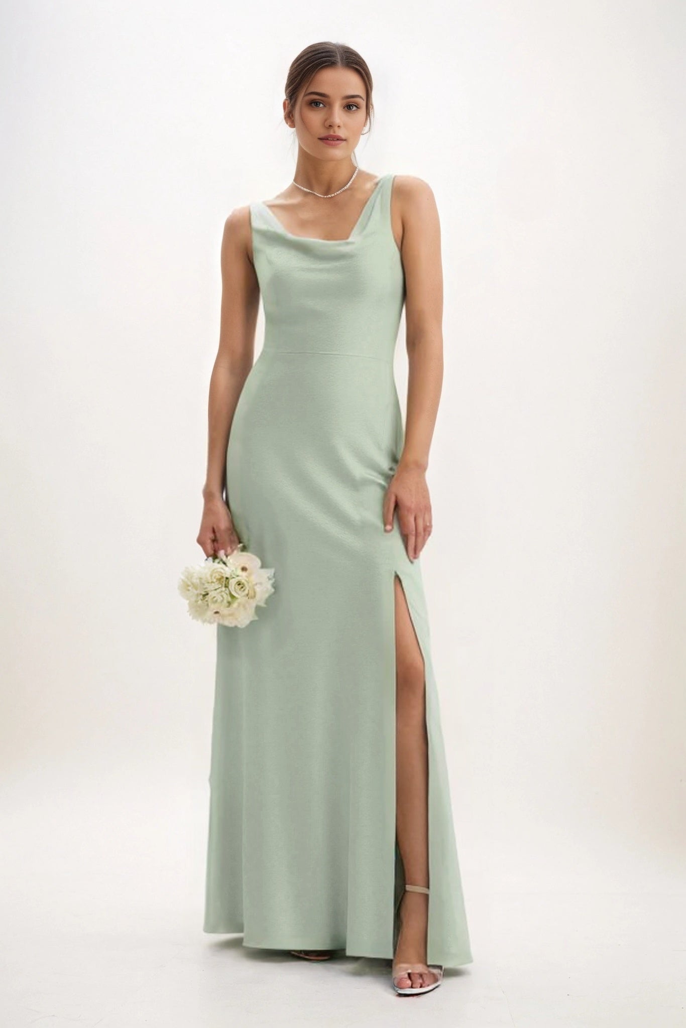 Sheath-Column Maxi Luxe Satin Bridesmaid Dress CB0816