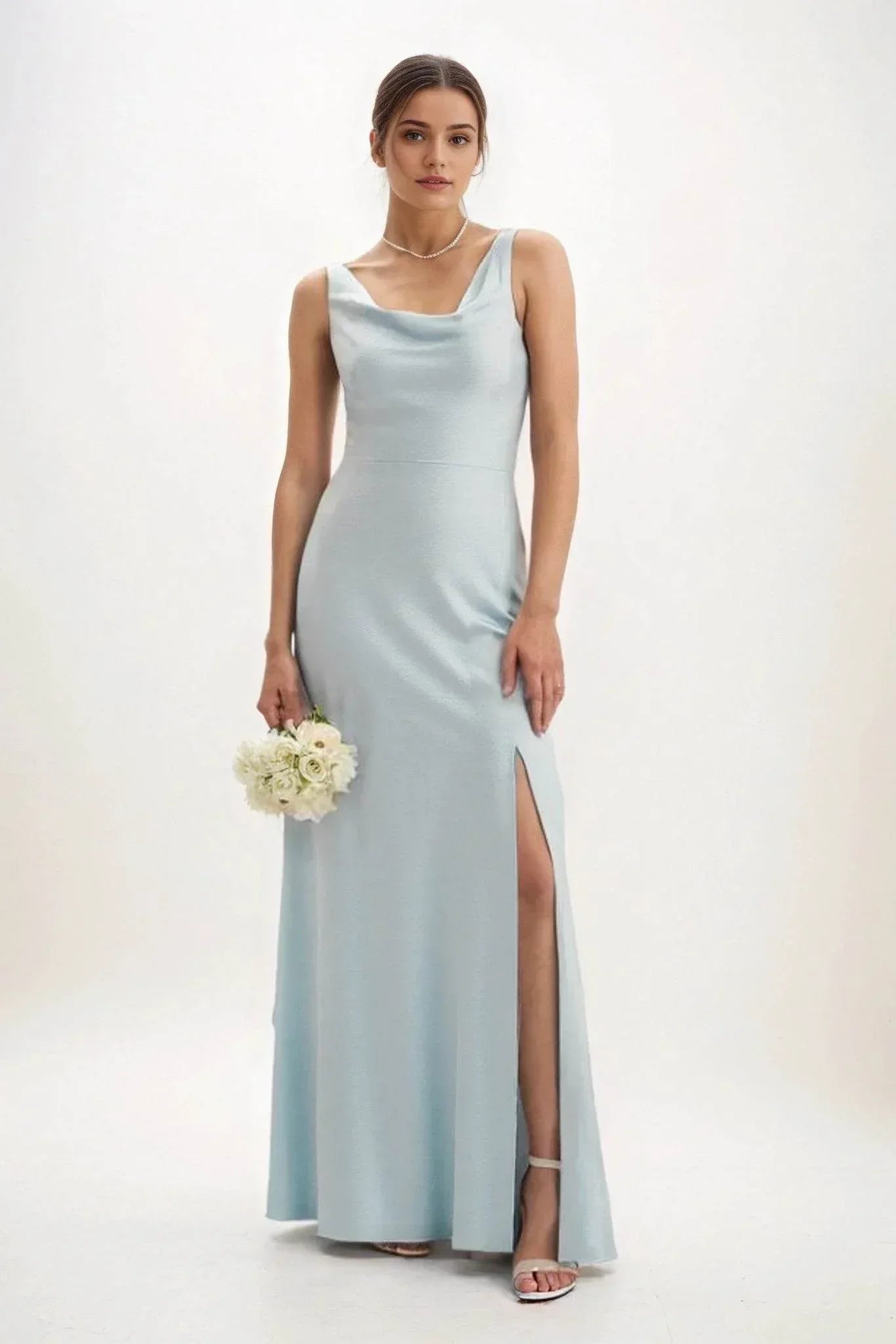 Sheath Maxi Luxe Satin Light Blue Bridesmaid Dresses COCOMELODY CB0816, Dusty Sage