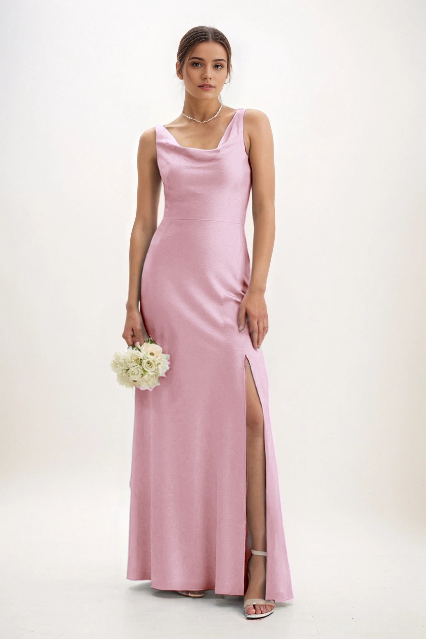 Sheath-Column Maxi Luxe Satin Bridesmaid Dress CB0816