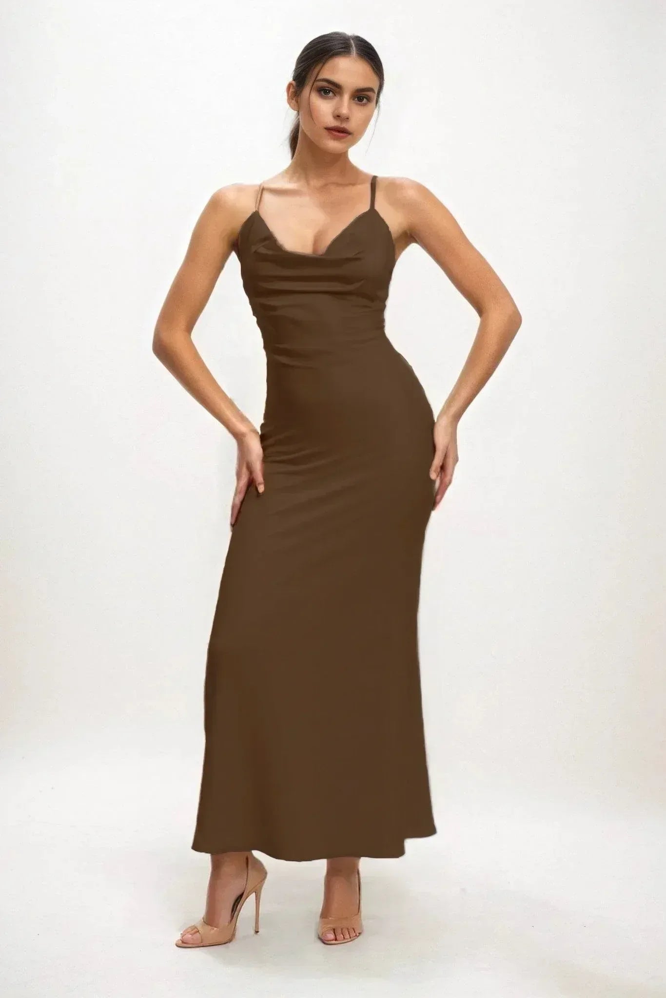 Sheath-Column Midi Luxe Satin Blush Bridesmaid Dresses COCOMELODY CB0831, Black
