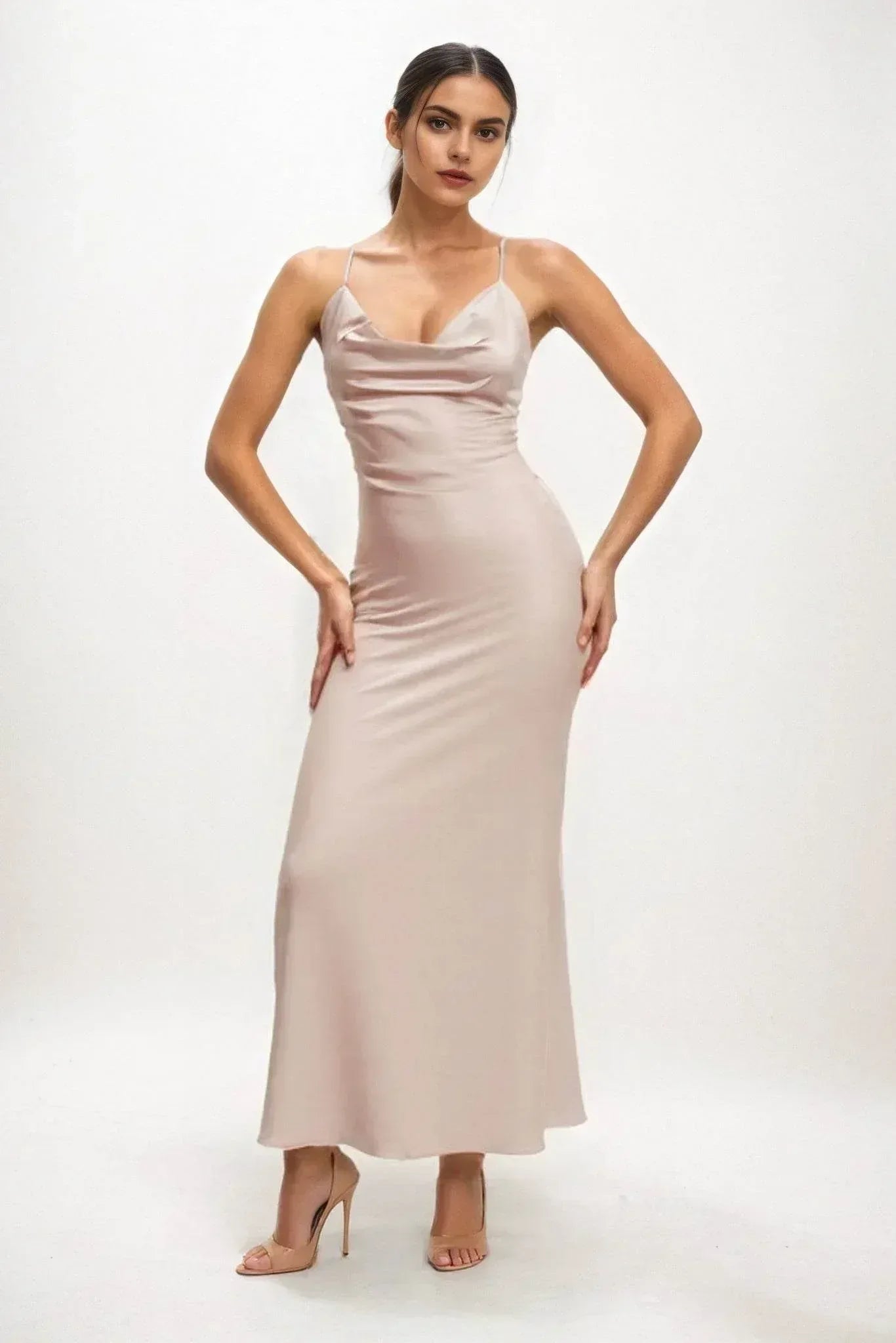 Sheath-Column Midi Luxe Satin Blush Bridesmaid Dresses COCOMELODY CB0831, Light Gray