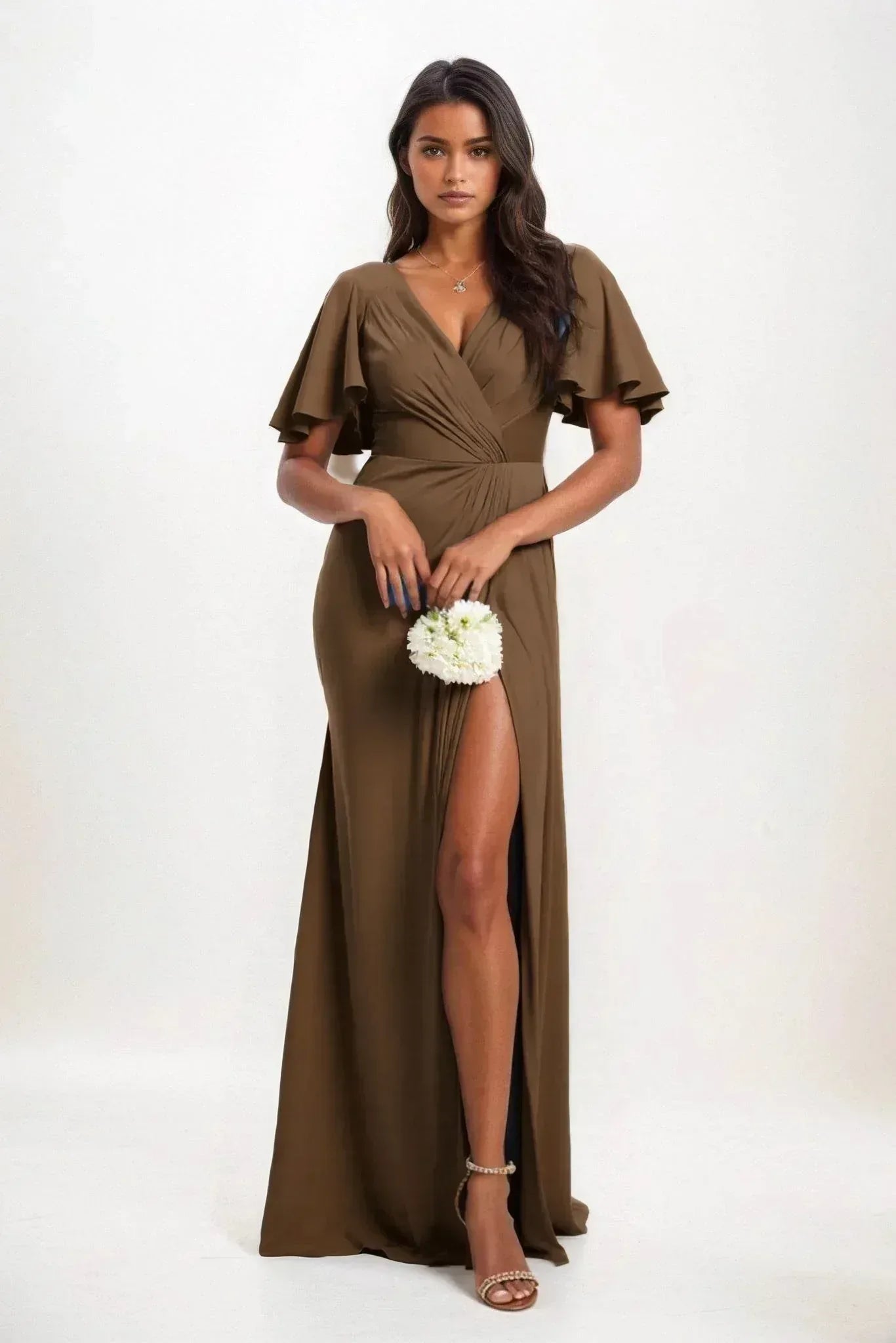 A-Line Maxi Luxe Satin Tea Length Bridesmaid Dresses COCOMELODY CB0846, Light Gray