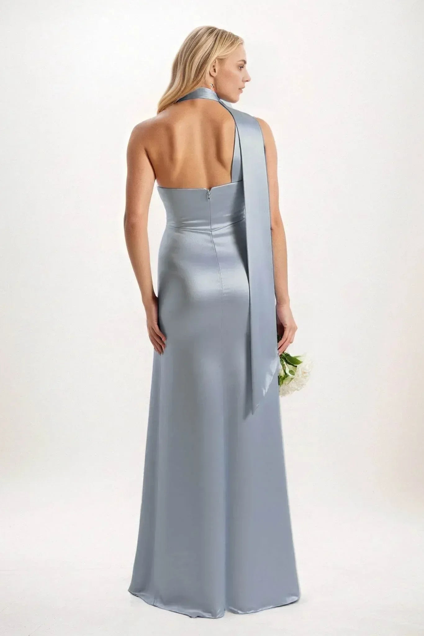 silver satin bridesmaid dresses Azazie Jesaphine