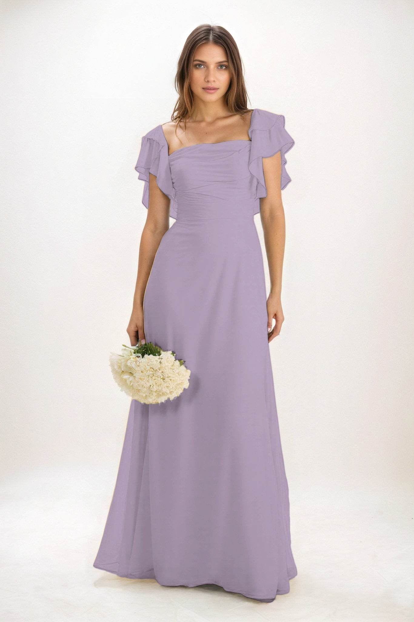 A-Line Maxi Chiffon Bridesmaid Dresses Ruffle Sleeves Bateau Wedding Guest Dress COCOMELODY CB0856, Pale Pink A-Line Maxi Chiffon Bridesmaid Dresses Ruffle Sleeves Bateau Wedding Guest Dress COCOMELODY CB0856, Pale Pink