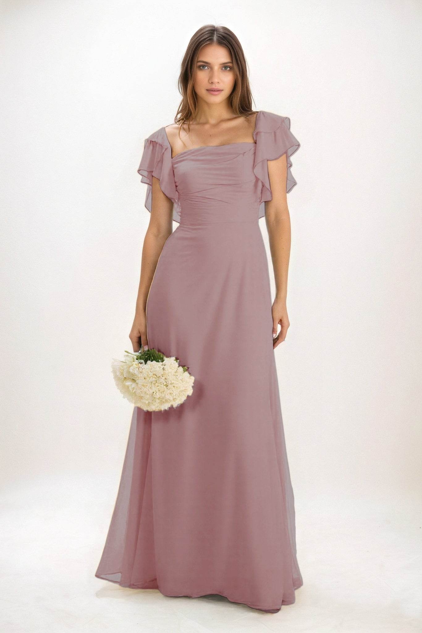 A-Line Maxi Chiffon Bridesmaid Dresses Ruffle Sleeves Bateau Wedding Guest Dress COCOMELODY CB0856, Dusty Rose A-Line Maxi Chiffon Bridesmaid Dresses Ruffle Sleeves Bateau Wedding Guest Dress COCOMELODY CB0856, Dusty Rose