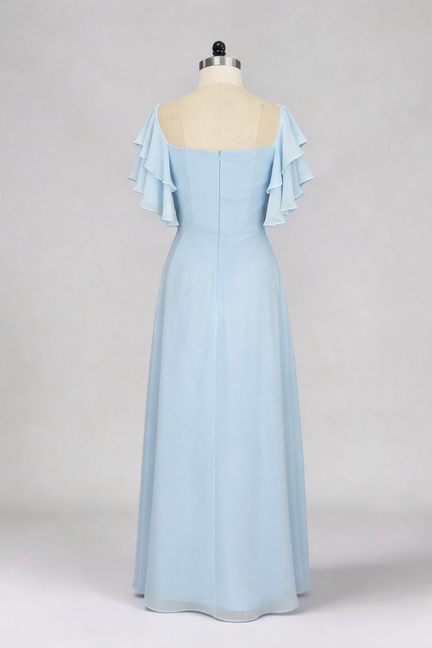 A-Line Maxi Chiffon Bridesmaid Dresses Ruffle Sleeves Bateau Neck