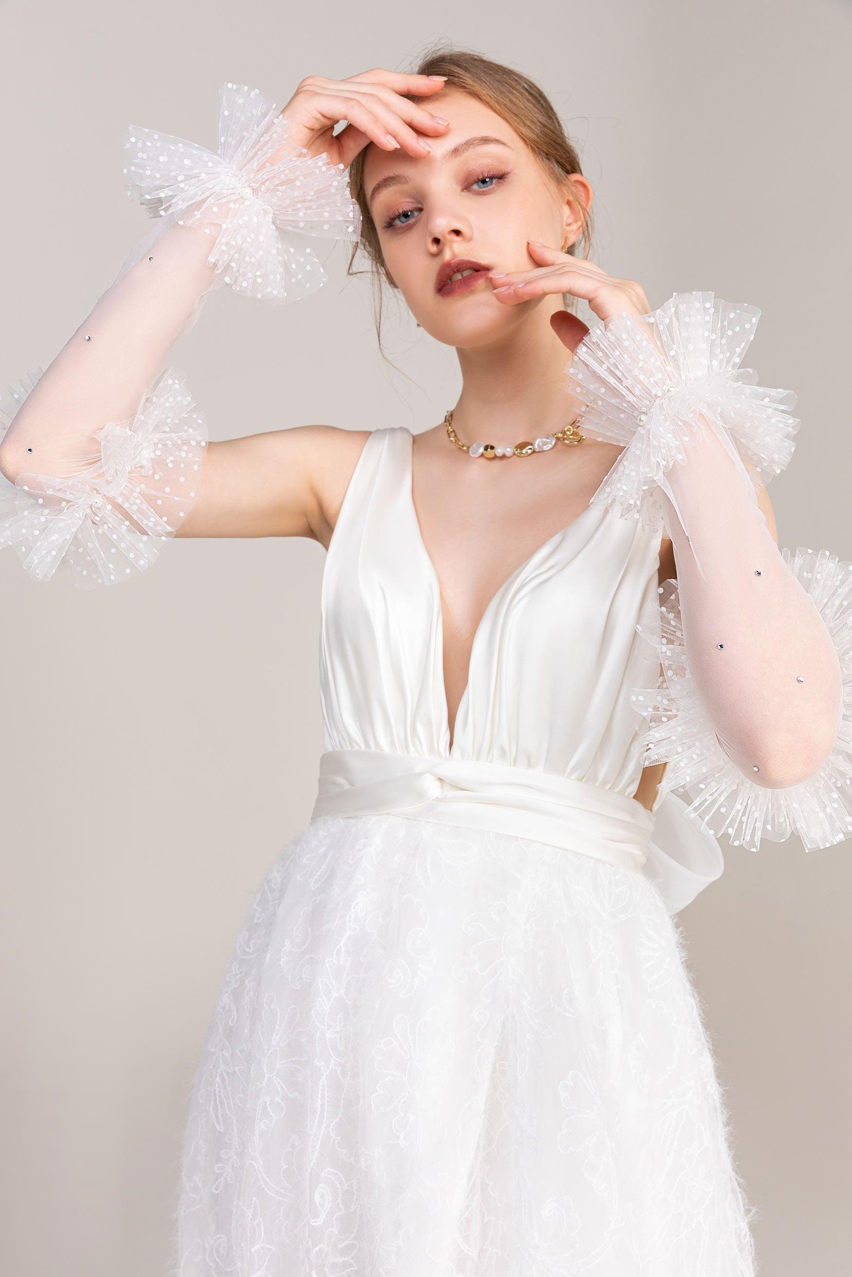 Fingerless Opera Length Tulle Wedding Gloves Beading CD0065 - COCOMELODY