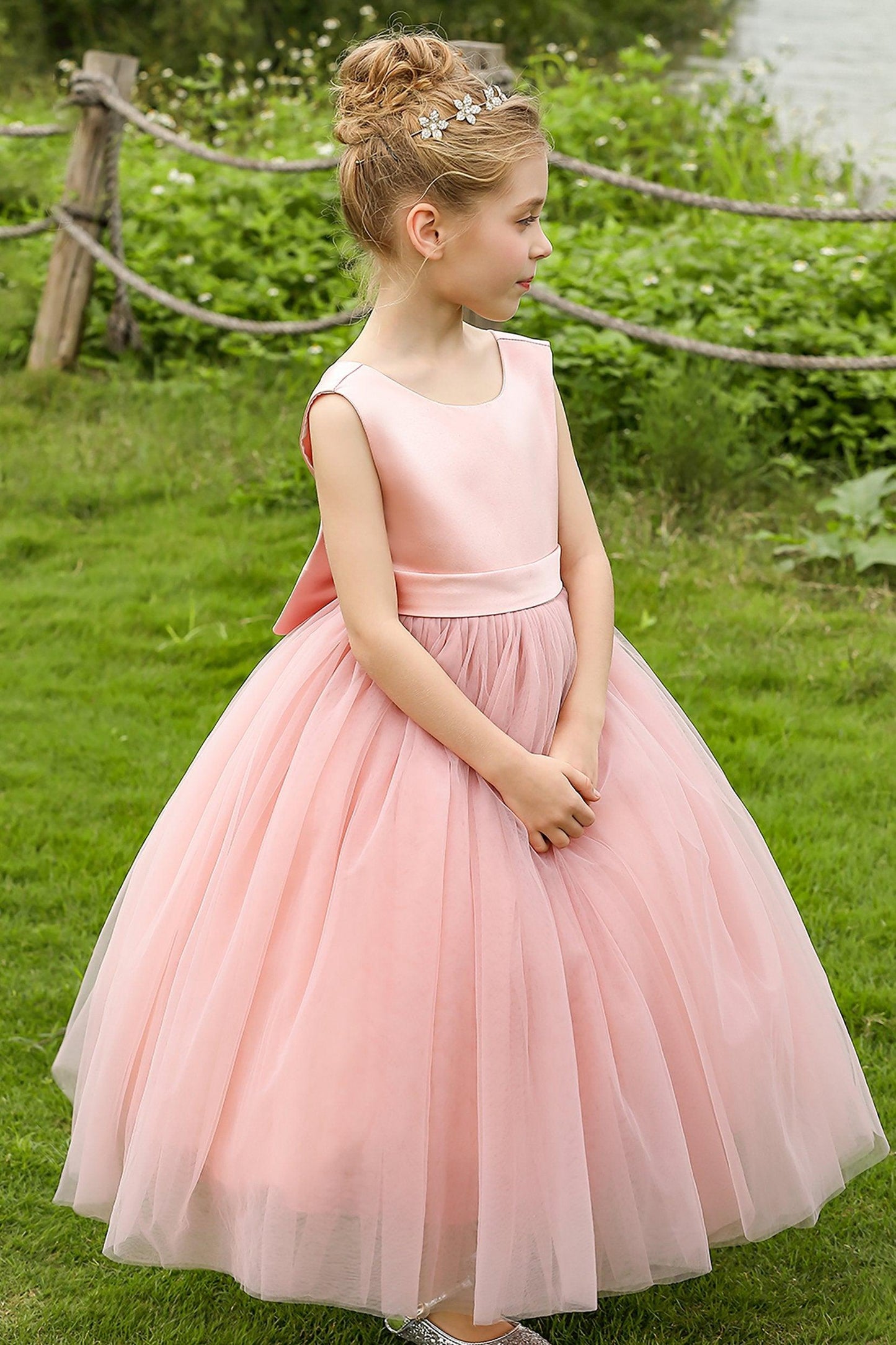 A-Line Tea Length Satin Tulle Flower Girl Dress CF0276