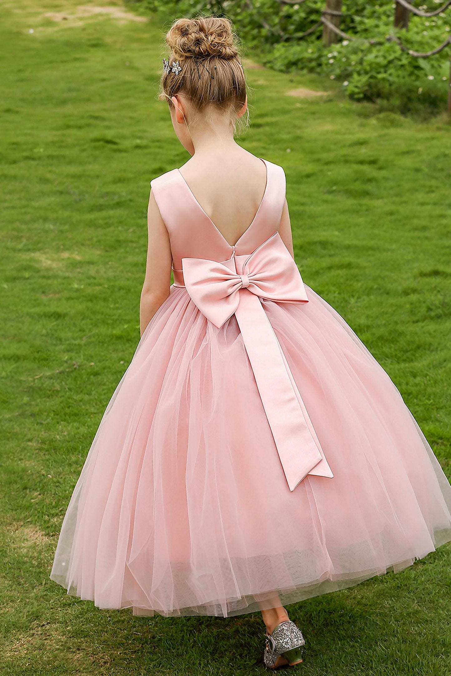 A-Line Tea Length Satin Tulle Flower Girl Dress CF0276