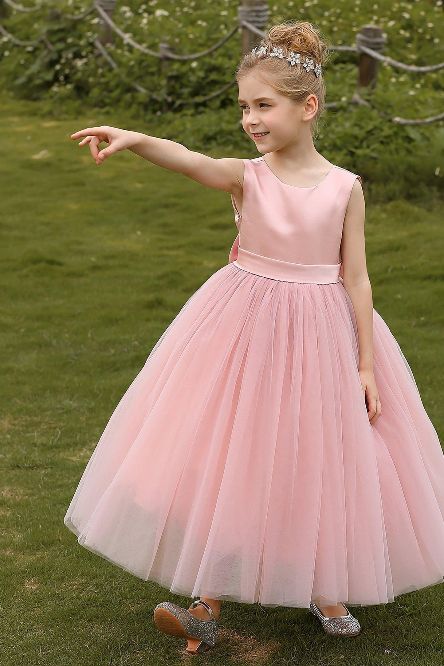 A-Line Tea Length Satin Tulle Flower Girl Dress CF0276