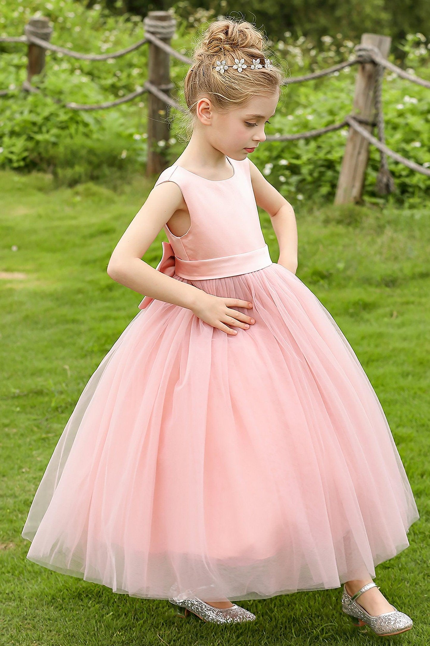 A-Line Tea Length Satin Tulle Flower Girl Dress CF0276