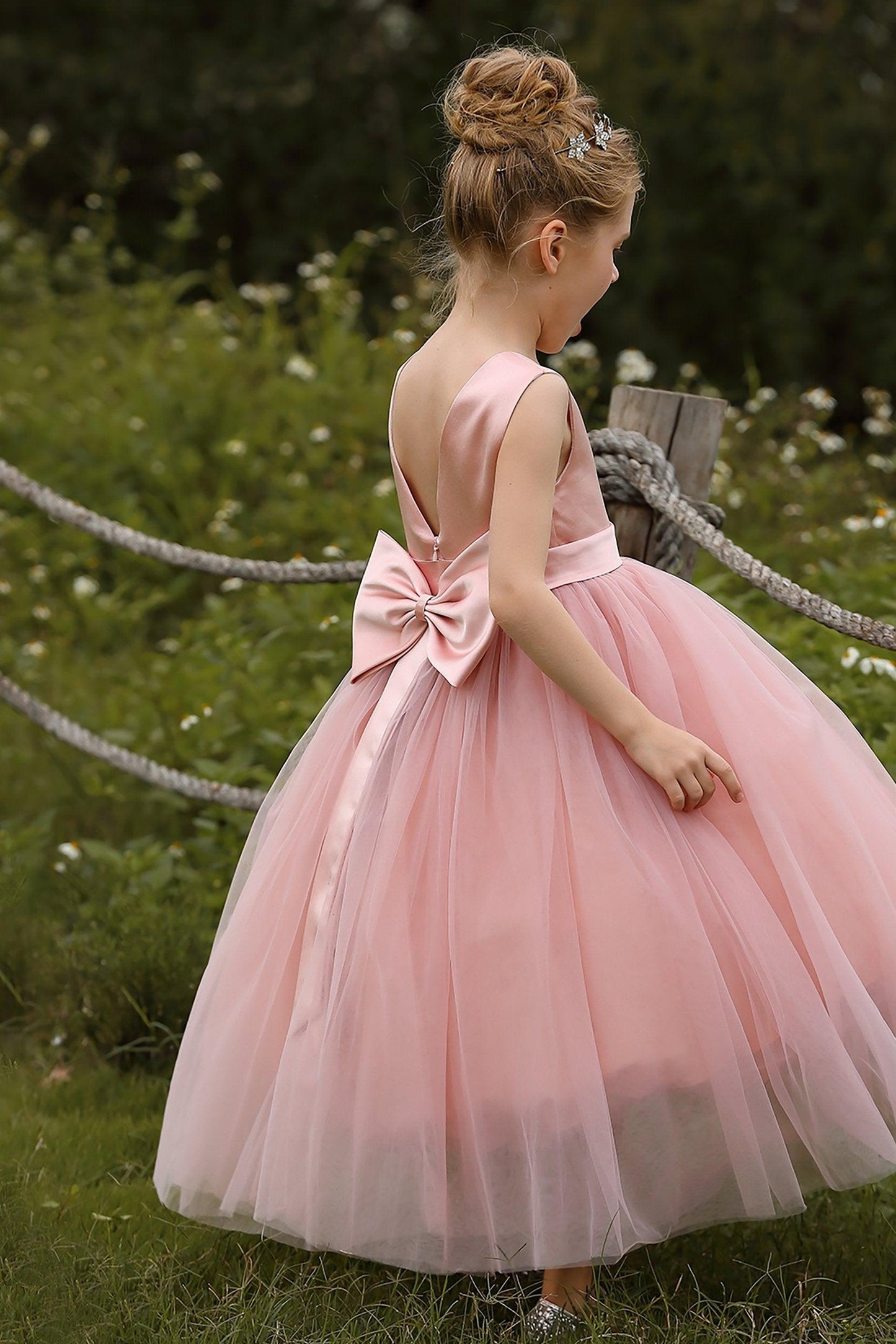 A-Line Tea Length Satin Tulle Flower Girl Dress CF0276