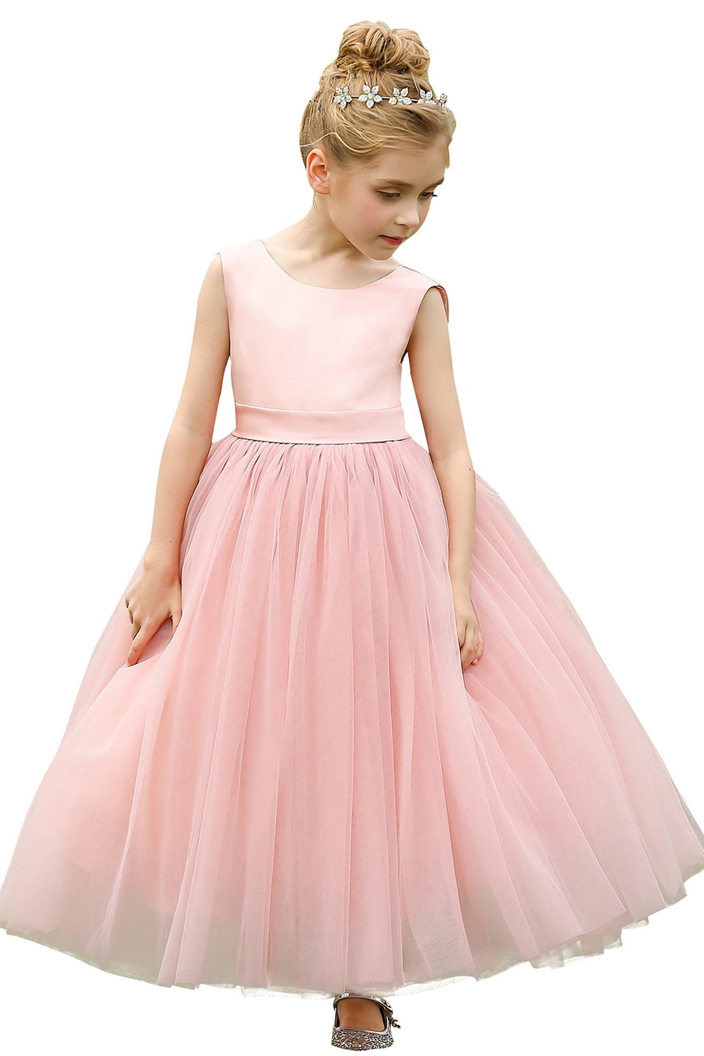 A-Line Tea Length Satin Tulle Flower Girl Dress CF0276