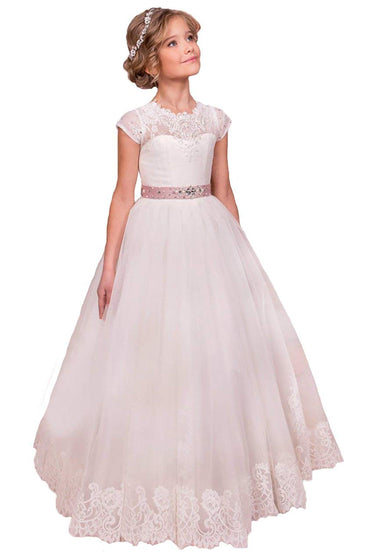 A-Line Floor Length Tulle Lace Flower Girl Dress CF0280