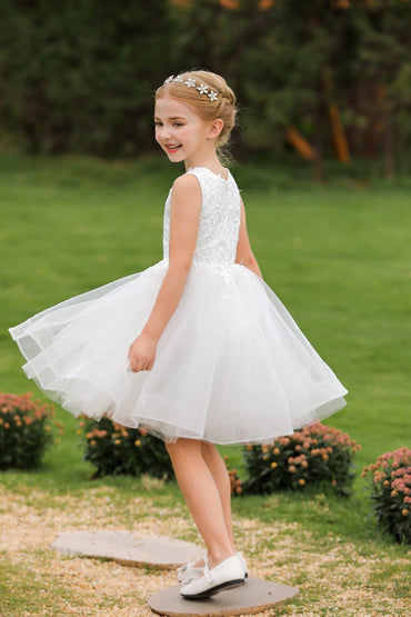 A-Line Knee Length Tulle Lace Flower Girl Dress CF0286 - COCOMELODY