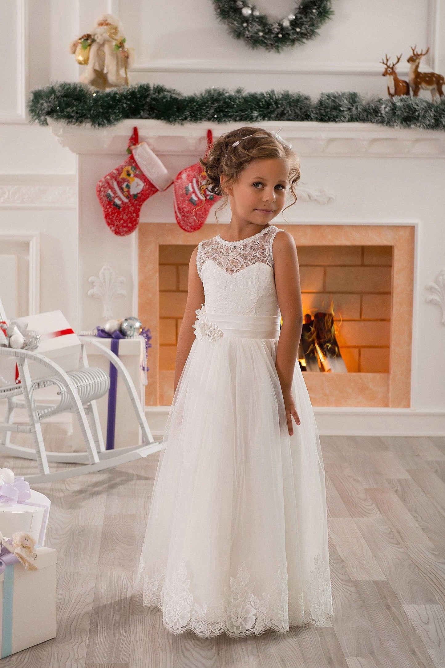 A-Line Floor Length Tulle Lace Flower Girl Dress CF0298 - COCOMELODY