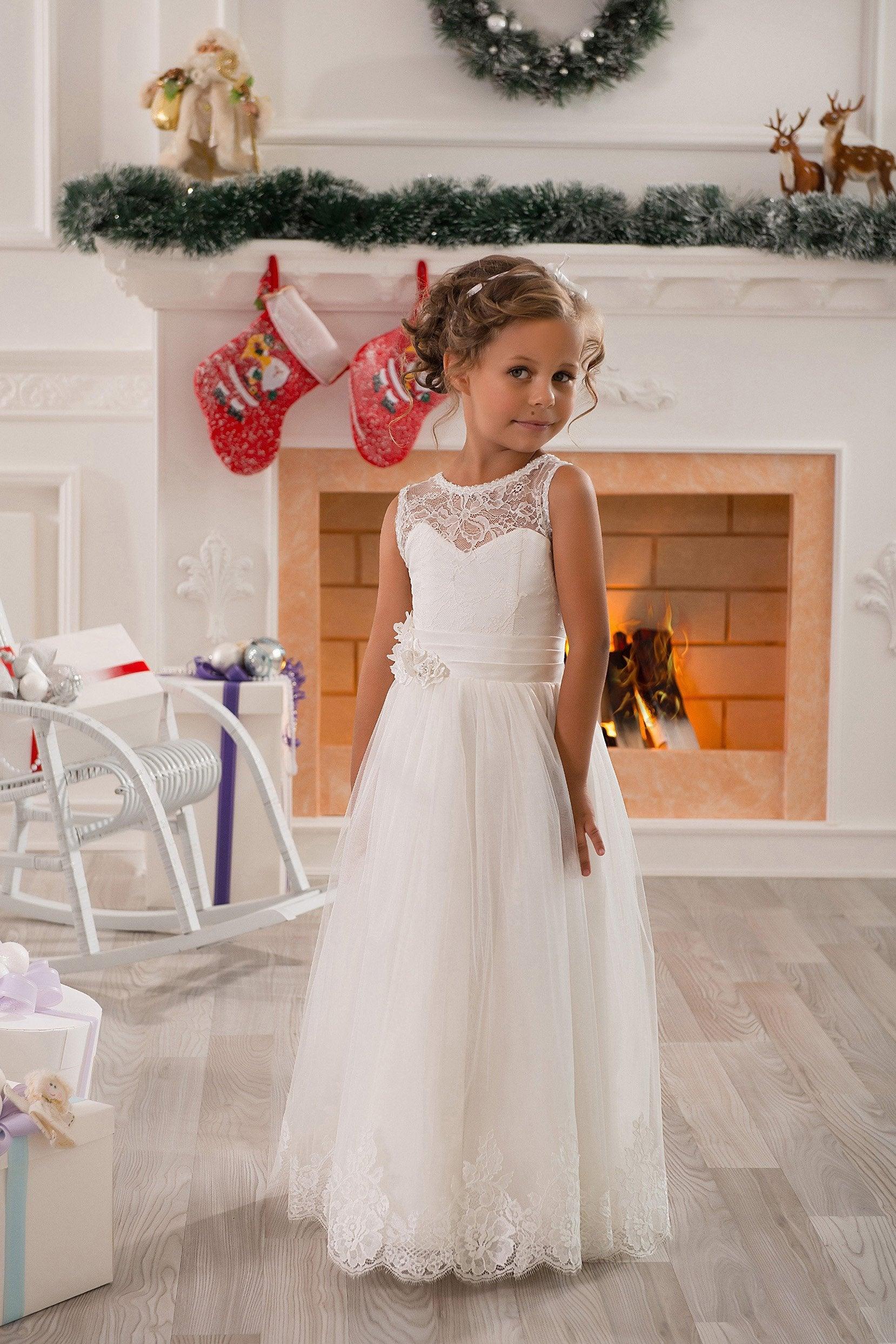 A-Line Floor Length Tulle Lace Flower Girl Dress CF0298 - COCOMELODY