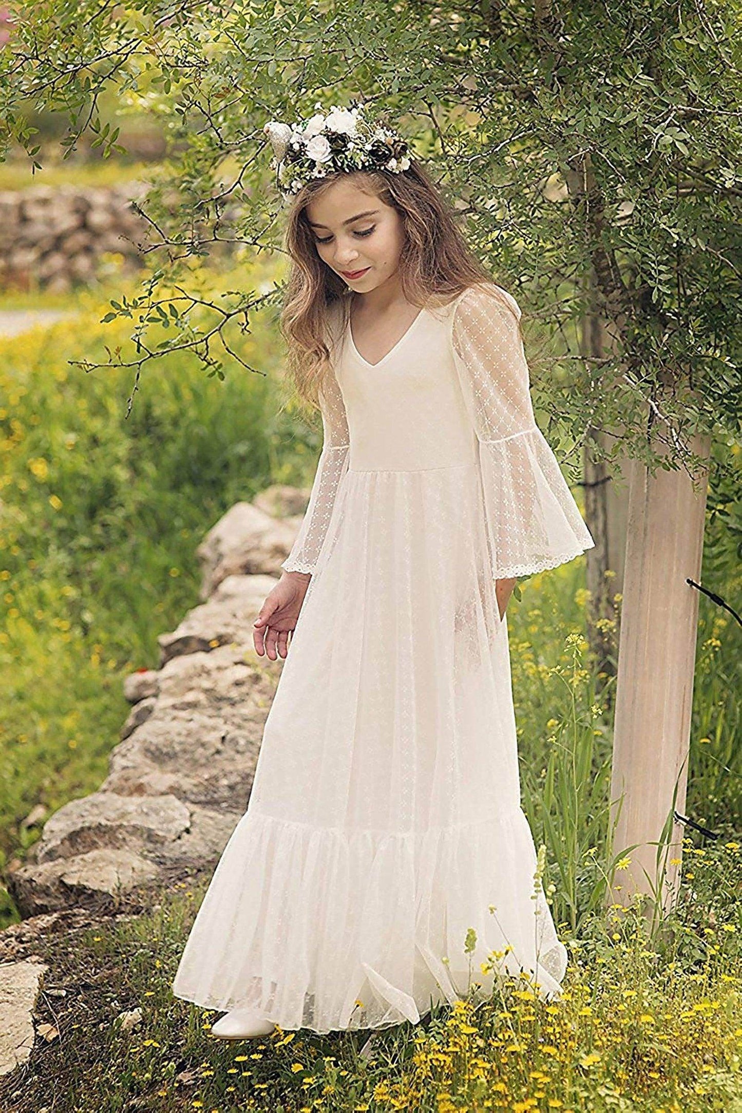 A-Line Floor Length Tulle Lace Flower Girl Dress CF0299 - COCOMELODY