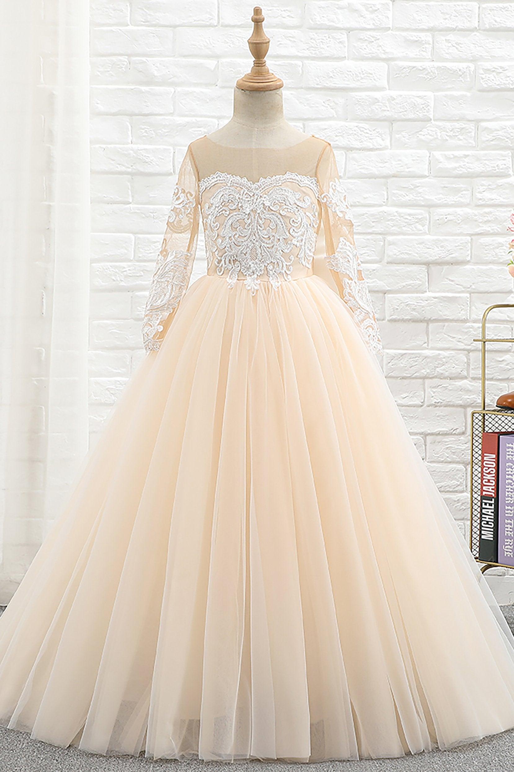 A-Line Floor Length Tulle Lace Flower Girl Dress CF0303 - COCOMELODY