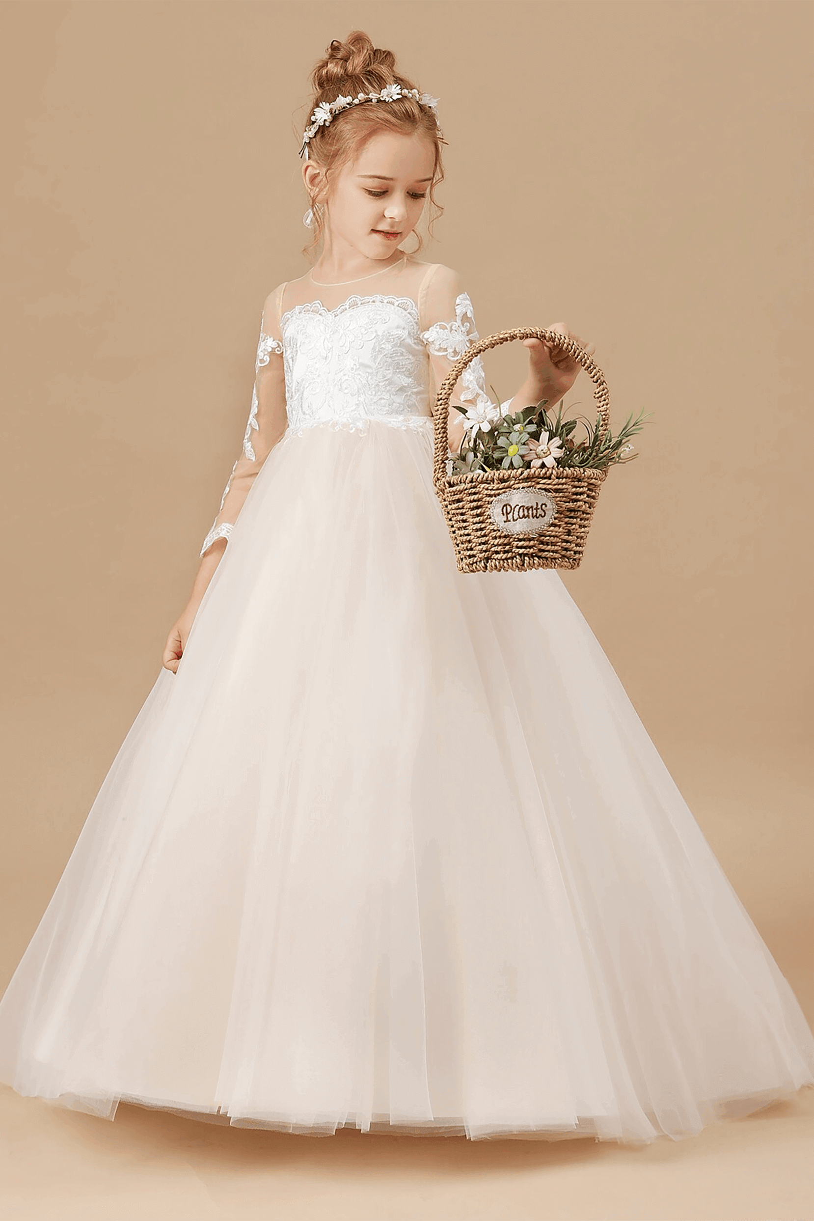A-Line Floor Length Tulle Lace Flower Girl Dress CF0303 - COCOMELODY