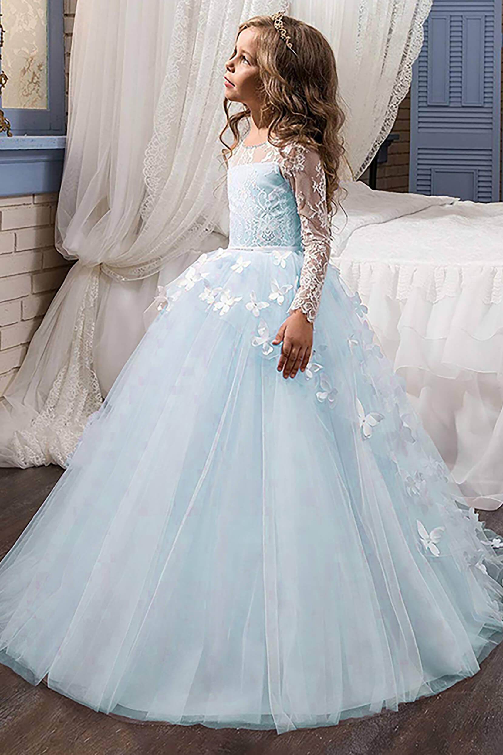 Ball Gown Floor Length Tulle Lace Flower Girl Dress COCOMELODY CF0304, 7 Days / Ice Blue / 8 Ball Gown Floor Length Tulle Lace Flower Girl Dress COCOMELODY CF0304, 7 Days / Ice Blue / 8