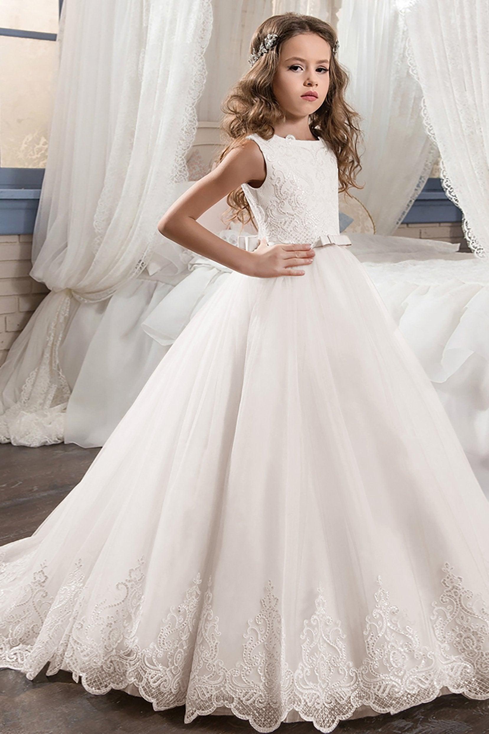 A-Line Floor Length Tulle Lace Flower Girl Dress CF0305 - COCOMELODY