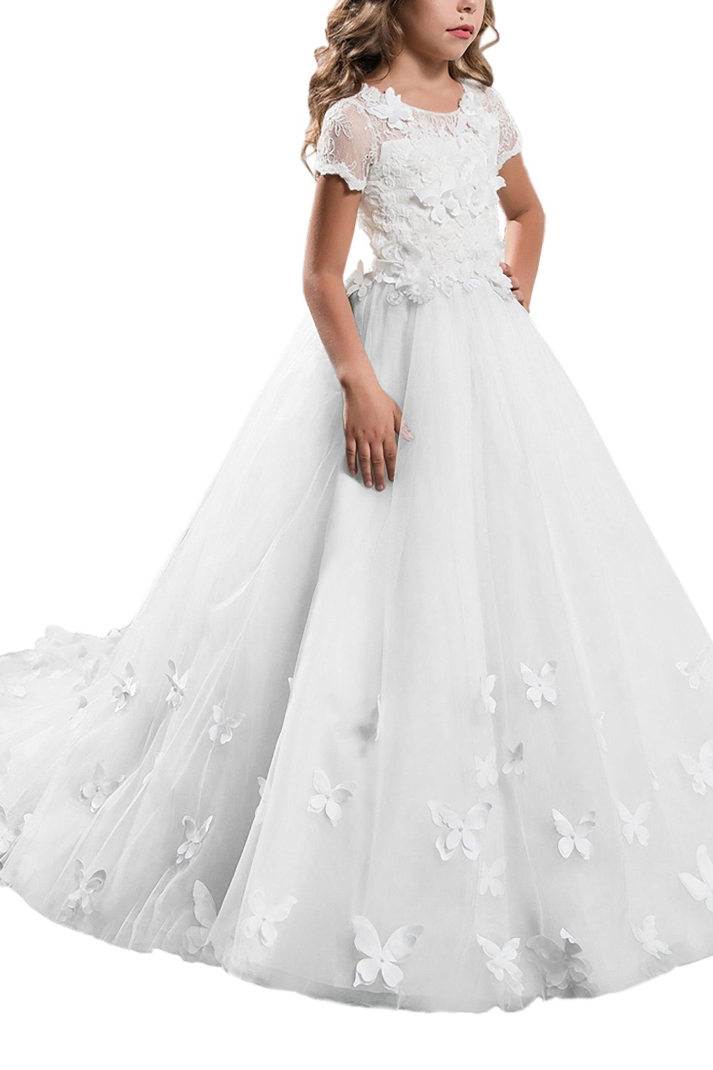 A-Line Floor Length Tulle Lace Flower Girl Dress CF0314