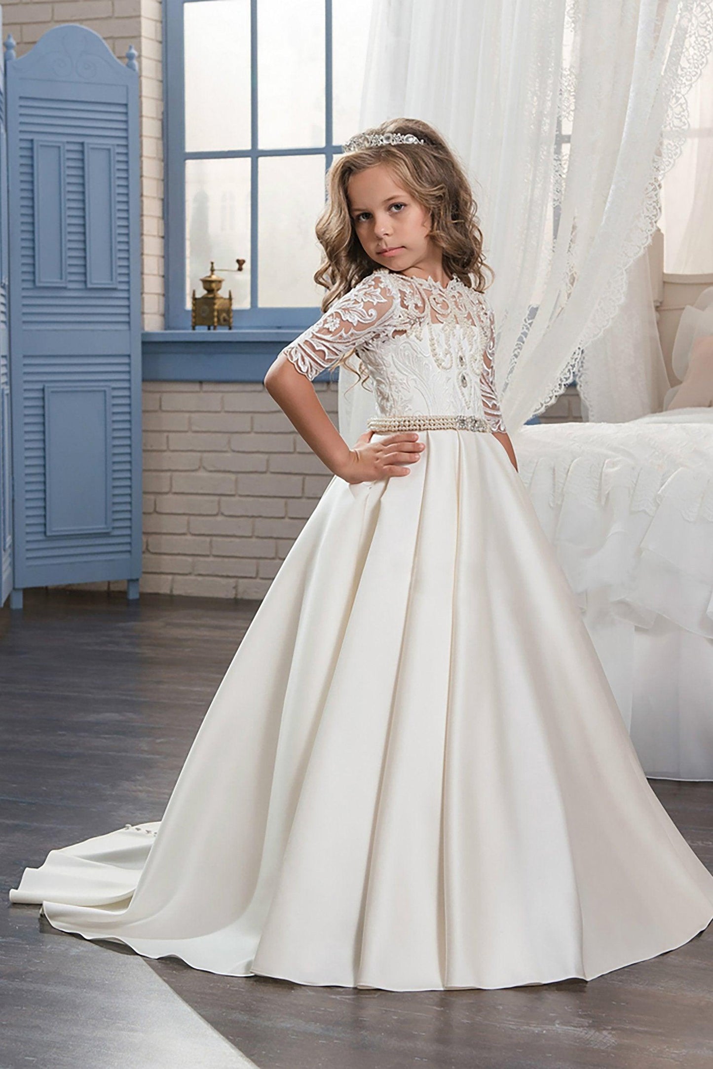 A-Line Floor Length Satin Lace  Flower Girl Dress CF0320