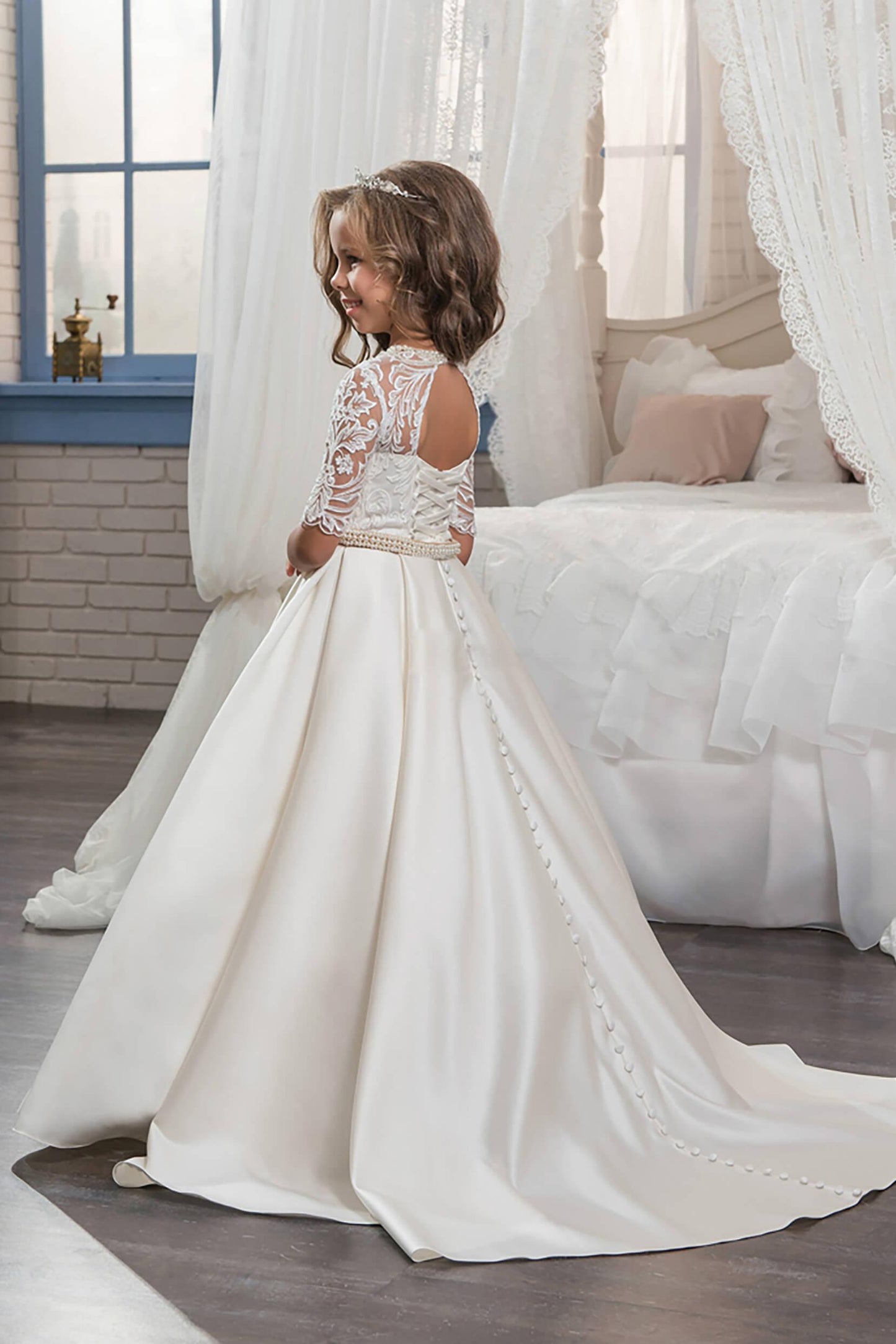 A-Line Floor Length Satin Lace  Flower Girl Dress CF0320