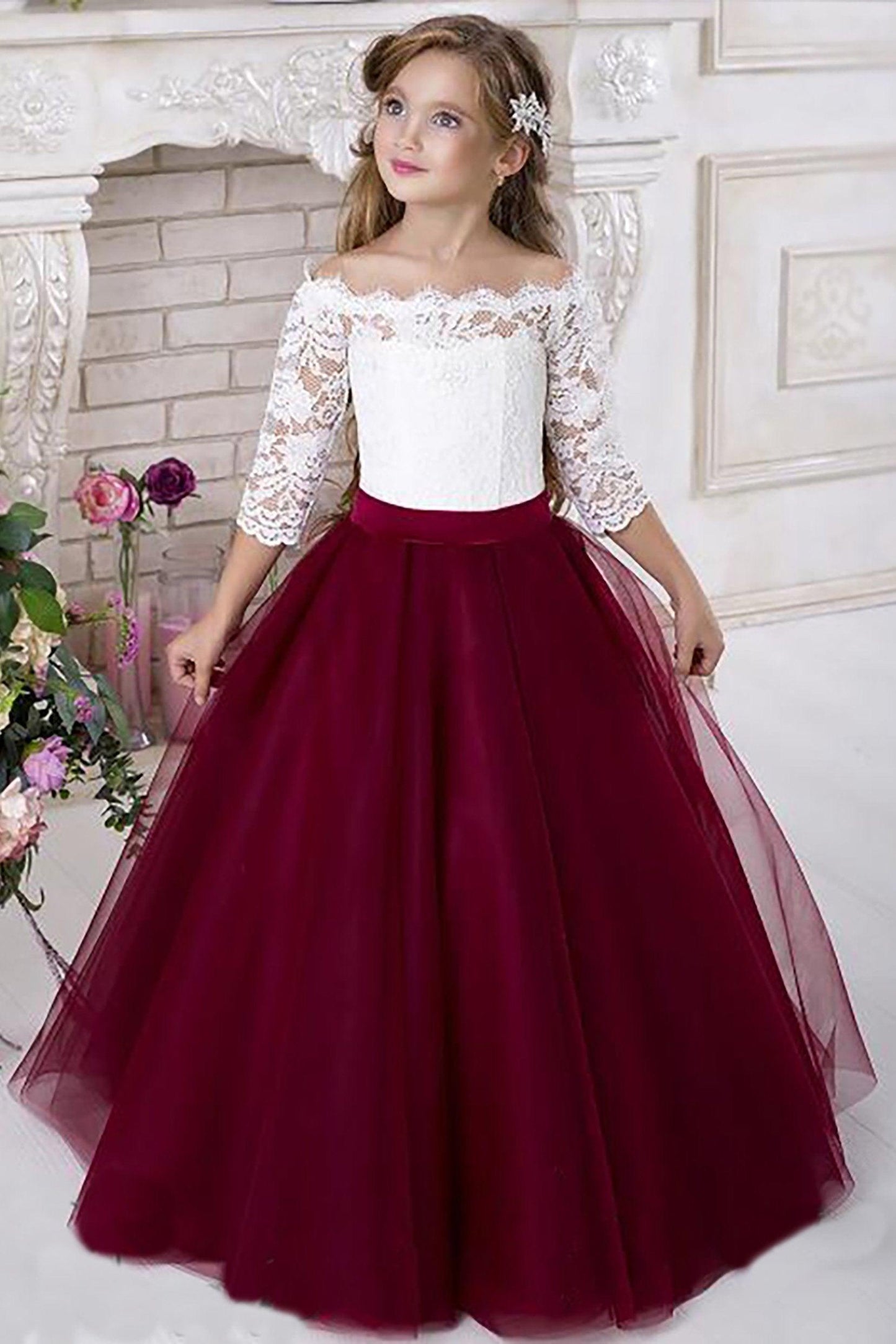 A-Line Floor Length Tulle Lace Flower Girl Dress CF0322