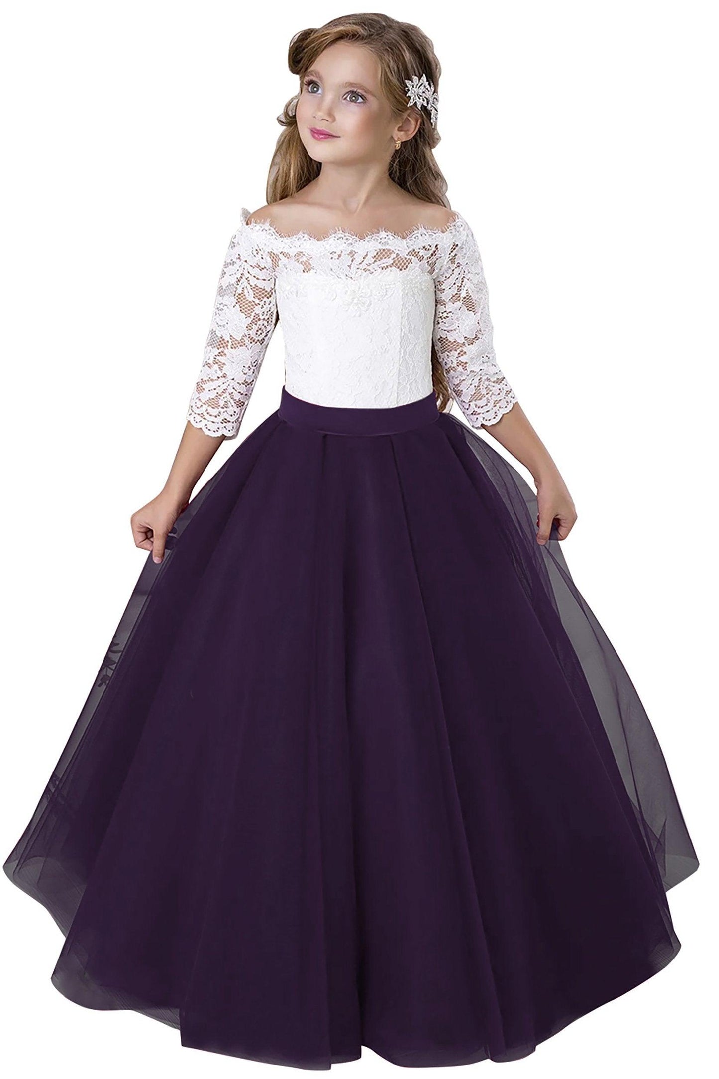 A-Line Floor Length Tulle Lace Flower Girl Dress CF0322