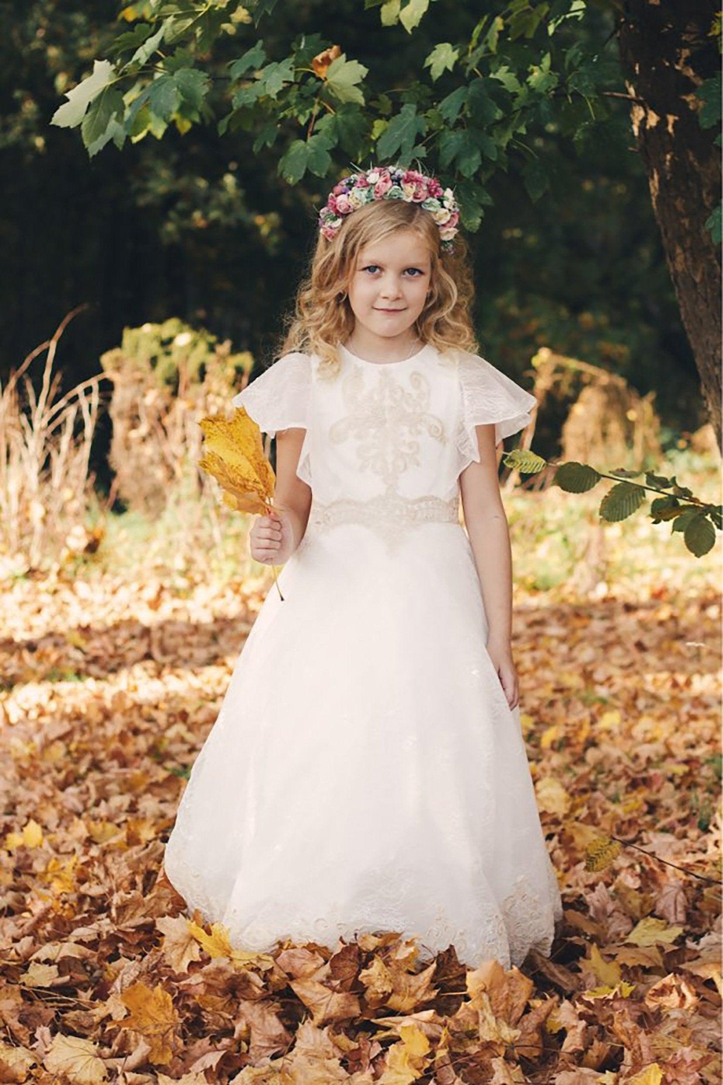 A-Line Floor Length Satin Lace  Flower Girl Dress CF0338